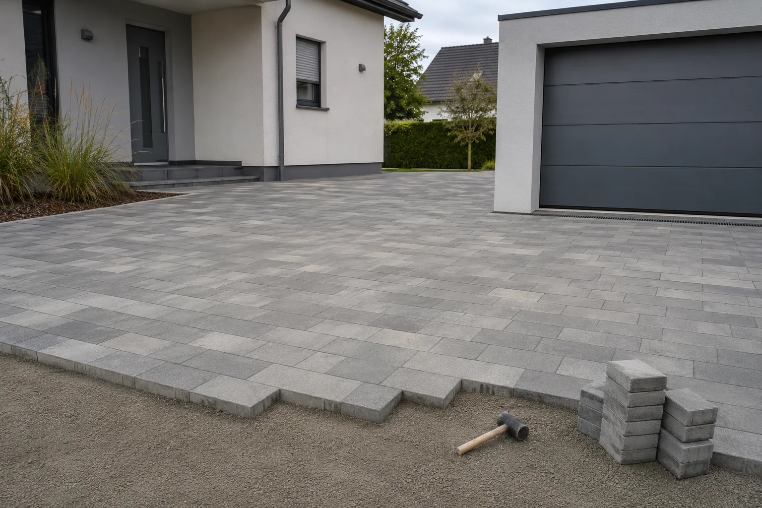 Neu gepflasterte Einfahrt und Hoffläche vor einem Wohnhaus
