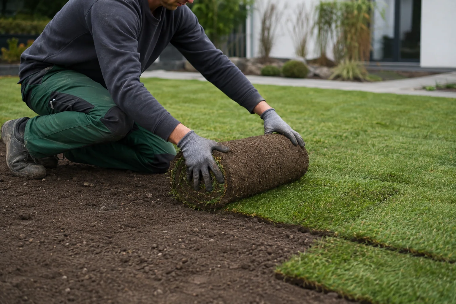 Fachgerechte Verlegung von Rollrasen auf vorbereitetem Gartenboden